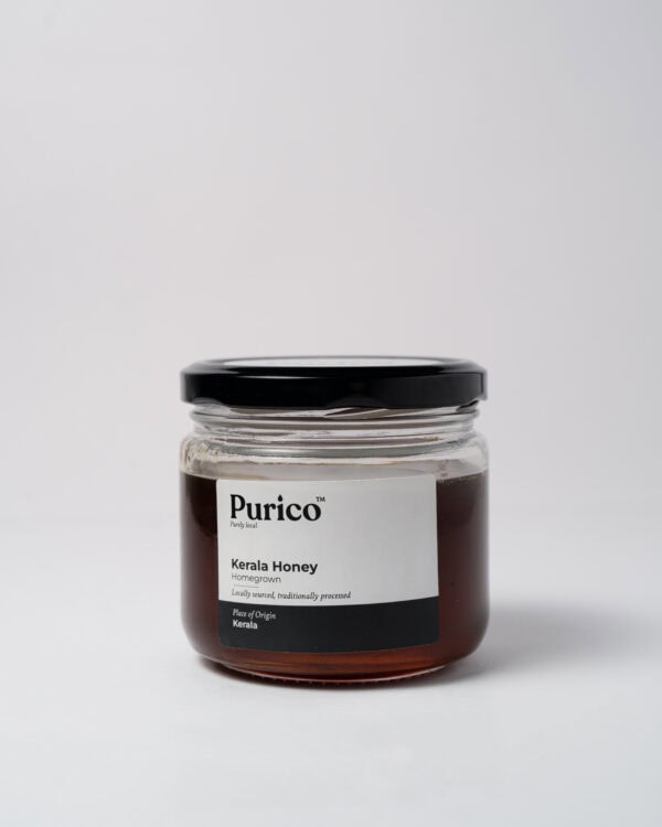 Homegrown Kerala Honey – Front Homegrown Kerala honey jar front view with Purico label